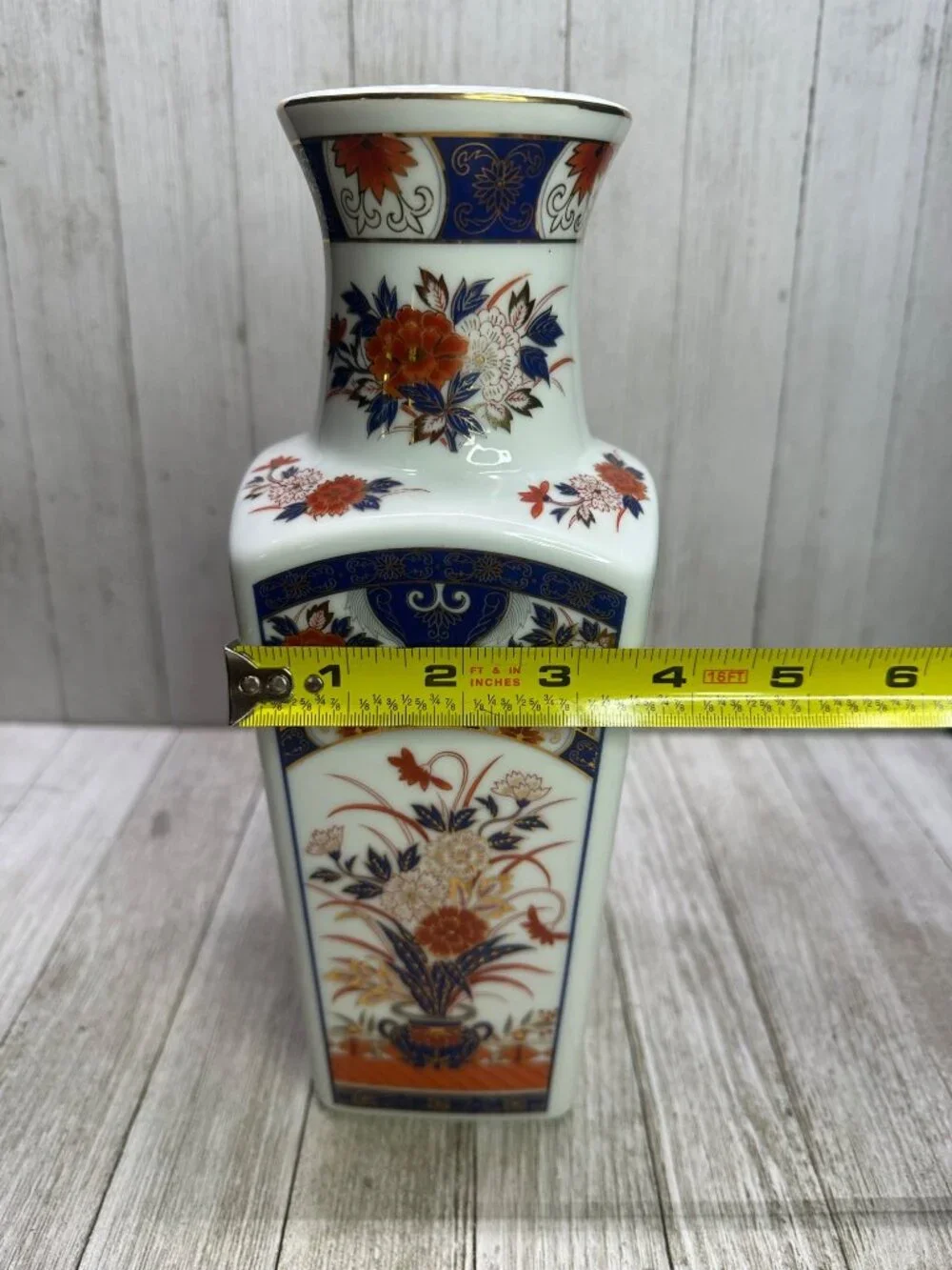 Vtg Chinese Imari Style Floral Unmarked Repro Decorative Square Based Vase 10.5